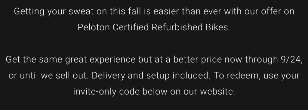 Peloton email to select consumers with invite-only code for refurbished Bike/Bike+.